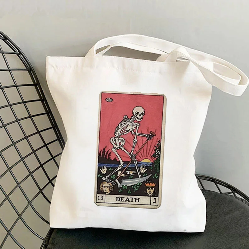 

2021 Shopper Death Tarot Skeleton Printed Tote Bag women Harajuku shopper handbag girl Shoulder shopping bag Lady Canvas Bag