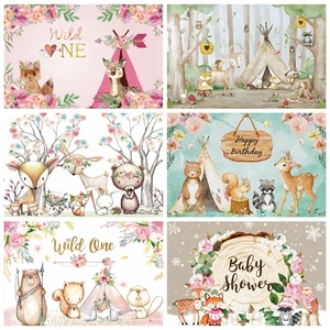 Фон для фотосъемки Laeacco в стиле дня рождения с изображением диких джунглей, животных, цветов, палатки, для вечеринки в стиле сафари, фотосессии новорожденных