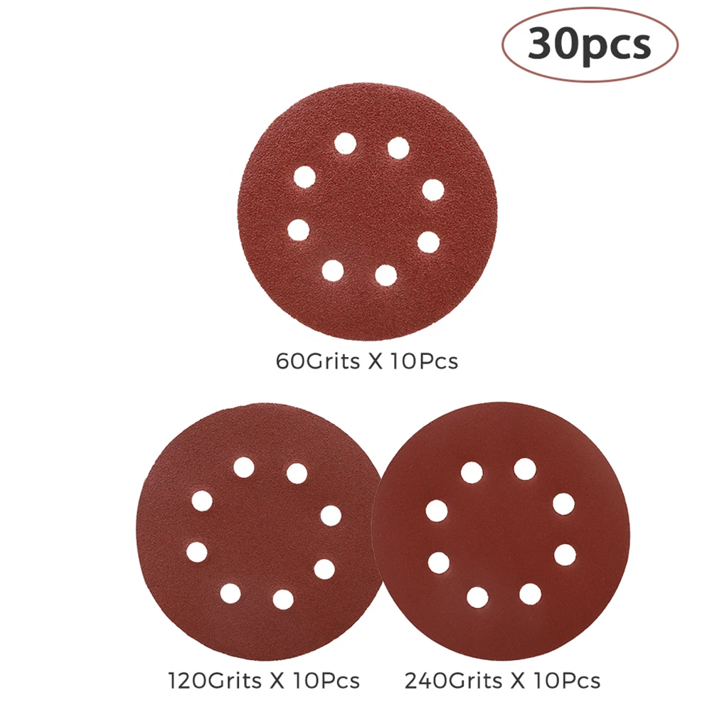 

Sanding-Discs-Paper 30pcs 5 Inch 8 Holes 5"inch Diameter Abrasive 60/120/240 Grit Hard/Soft Sand Paper for Metal Wood Polishing