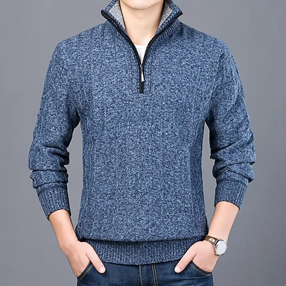 

Solid Color Long Sleeve Knitted Sweater Stand Collar Turtleneck Zipper Neck Men Sweater Pullover Male Clothing