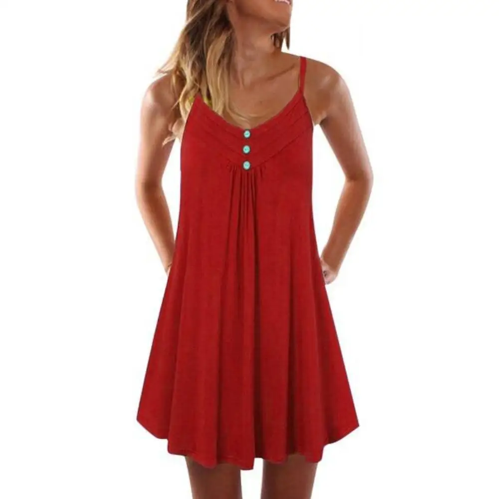 

Hot apparel Slip Dress Women V Neck Sleeveless Buttons Pleated Large Hem Sundress Knee-length Women Summer Dress