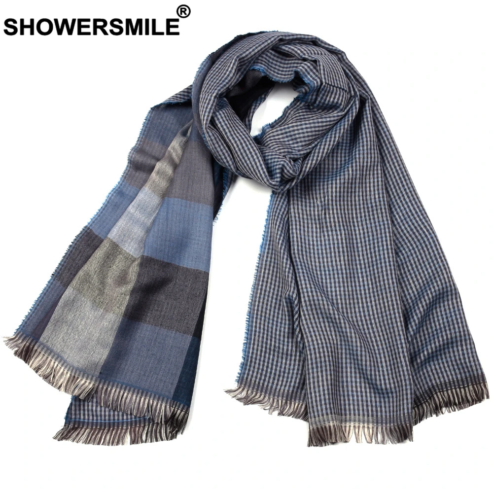 SHOWERSMILE синий клетчатый мужской шарф двусторонний британский стиль шарф для мужчин теплые мужские шарфы дизайнерские брендовые зимние аксессуары