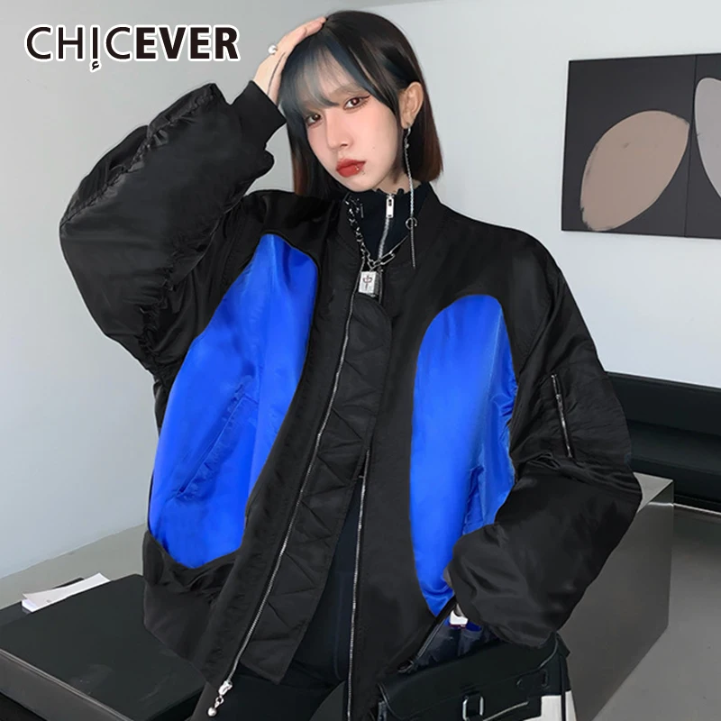 

CHICEVER Casual Winter Coat For Women V Neck Long Sleeve Patchwork Colorblock Zipper Jackets Female Korean Fashion Clothing 2021