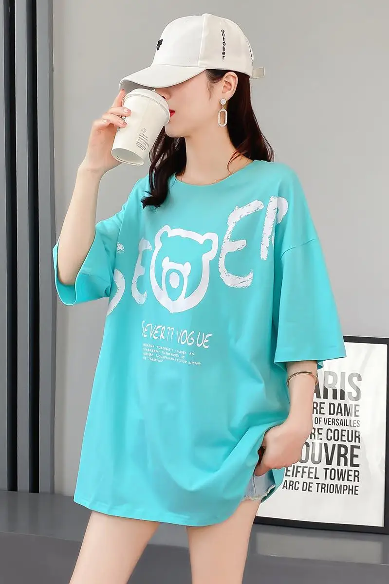 

Houthion Loose Plus Size Women's T-shirt New Leisure Top Fashion Short Sleeve T Shirt Cartoon Letter O-neck Tshirt Summer