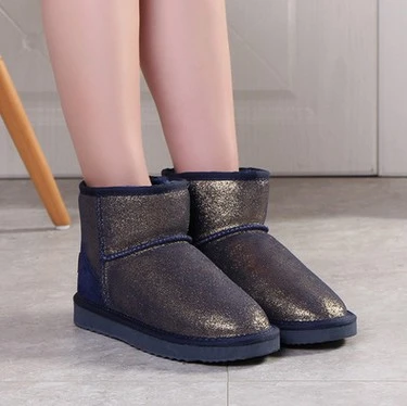 Navy blue JIANBUDAN/замшевые зимние сапоги из коровьей кожи; теплые женские сапоги из натуральной кожи с плюшем; хлопковая обувь с принтом; Зимние ботильоны; большие размеры - Цвет: Navy blue