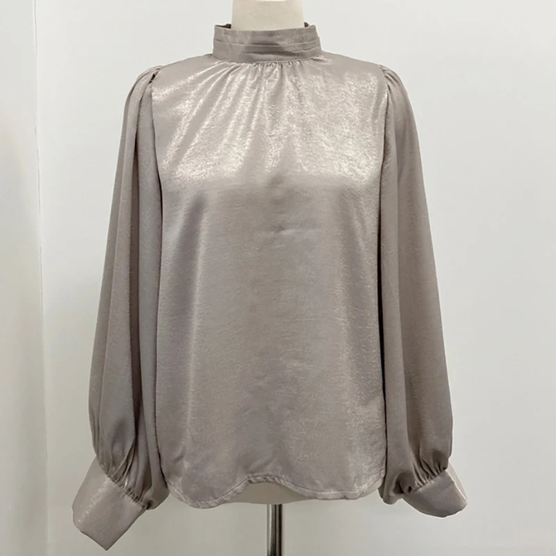 Satin Blouse Long Lantern Sleeve Office Chic Ladies Shirt White Korean Fashion Clothing Black Spring Blouses Women Top Chemise