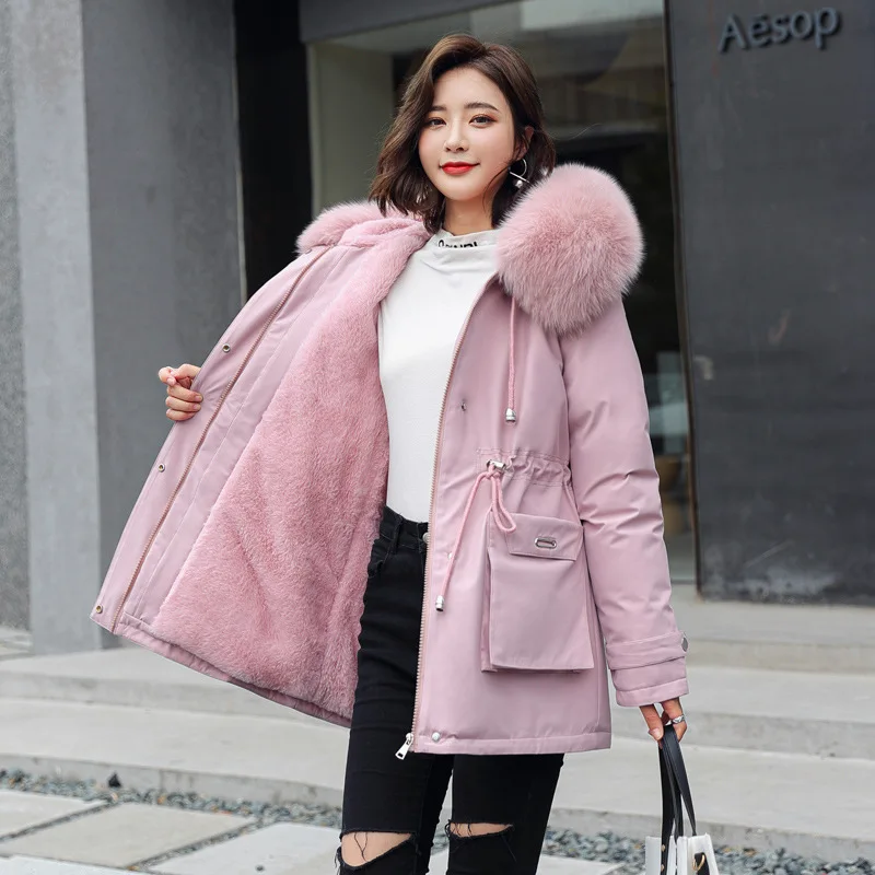 

Ladies Velvet Liner Thicken Hooded Parka Women Slim With Big Fur Collar Outerwear Autumn Winter Jacket Women Coat Parkas Female