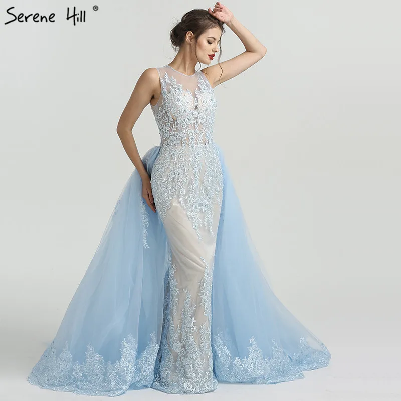 Вечернее платье русалки длинный светильник синяя аппликация без рукавов тюль