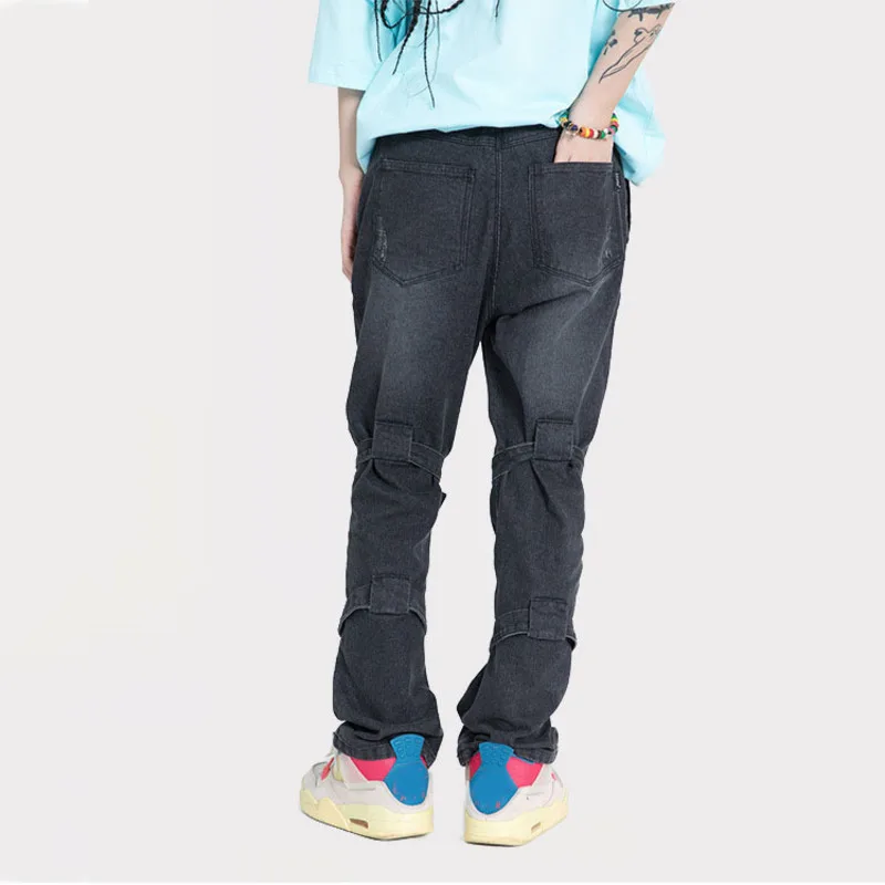 

IEFB Men's Streetwear 2021 Autumn New Jeans Mid Waist Strap Cool Zipper Fly Neutral Black Blue High Street Micro Flare Pant Tide