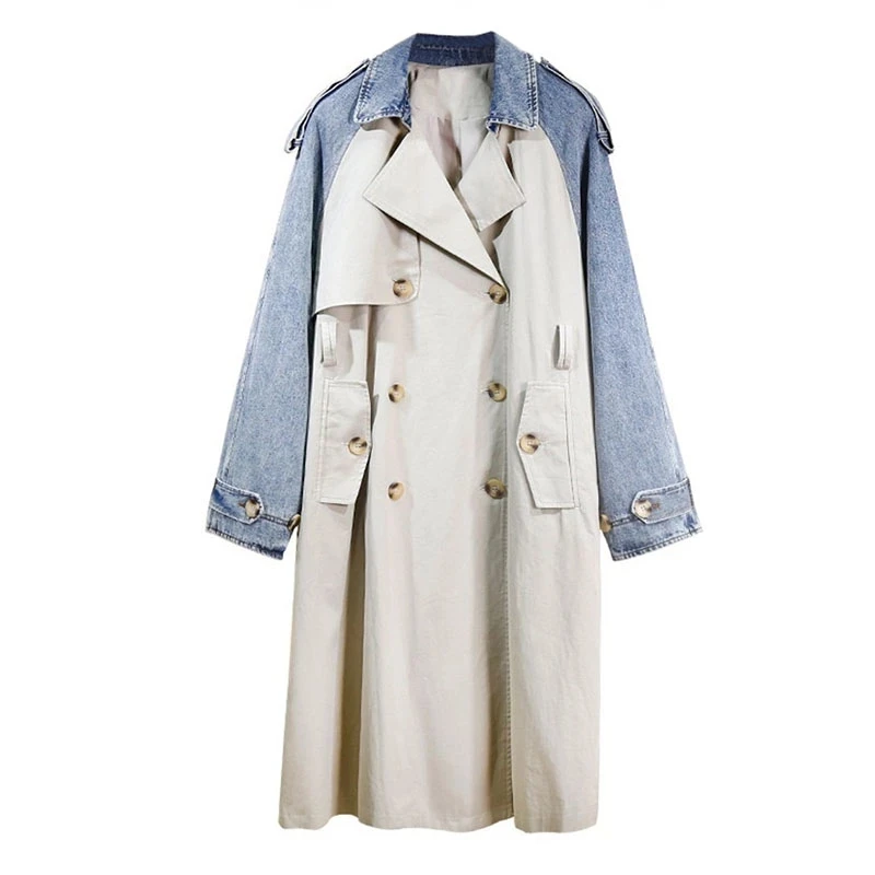 

Femme Denim Splice Trench Coat Women 2021 Spring Autumn Loose Long Windbreaker Casual Belt Double Breasted Outwear Oversize