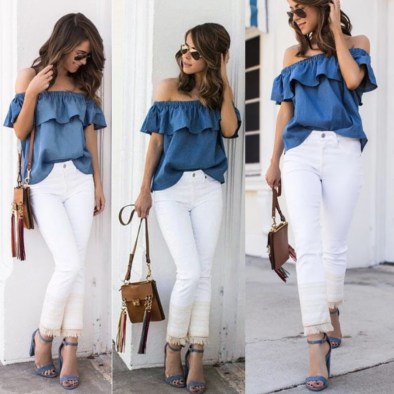 Женская летняя Джинсовая блузка с открытыми плечами и оборками | одежда