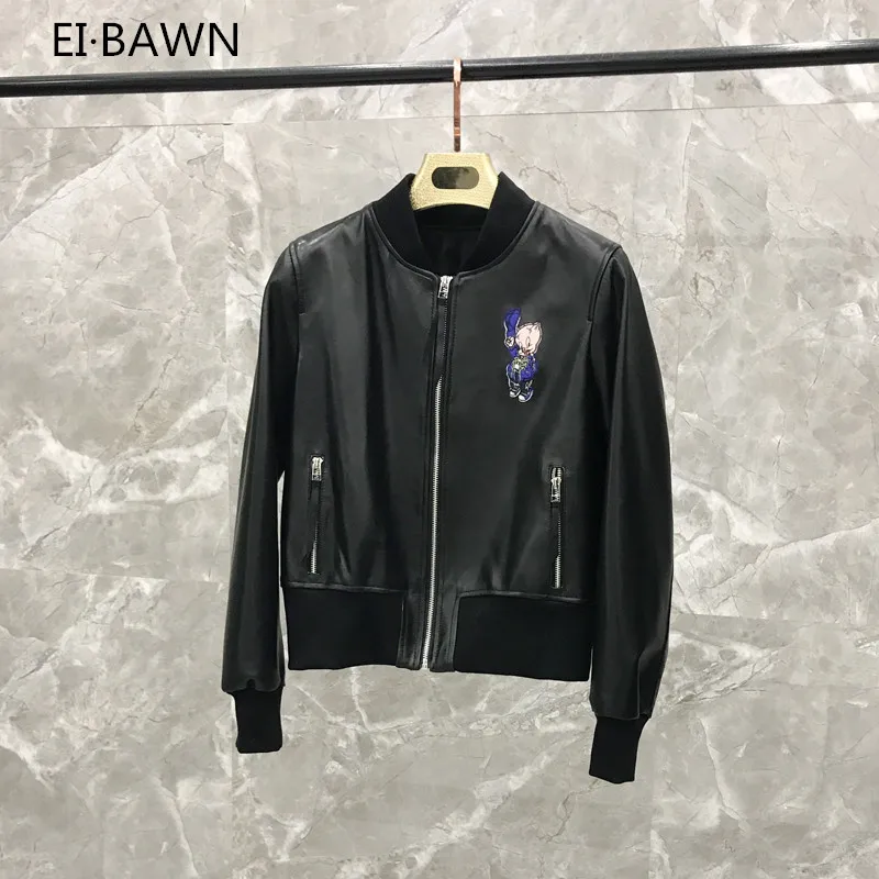 2020 Весенняя короткая бейсбольная форма с вышивкой свиньи кожаная куртка из