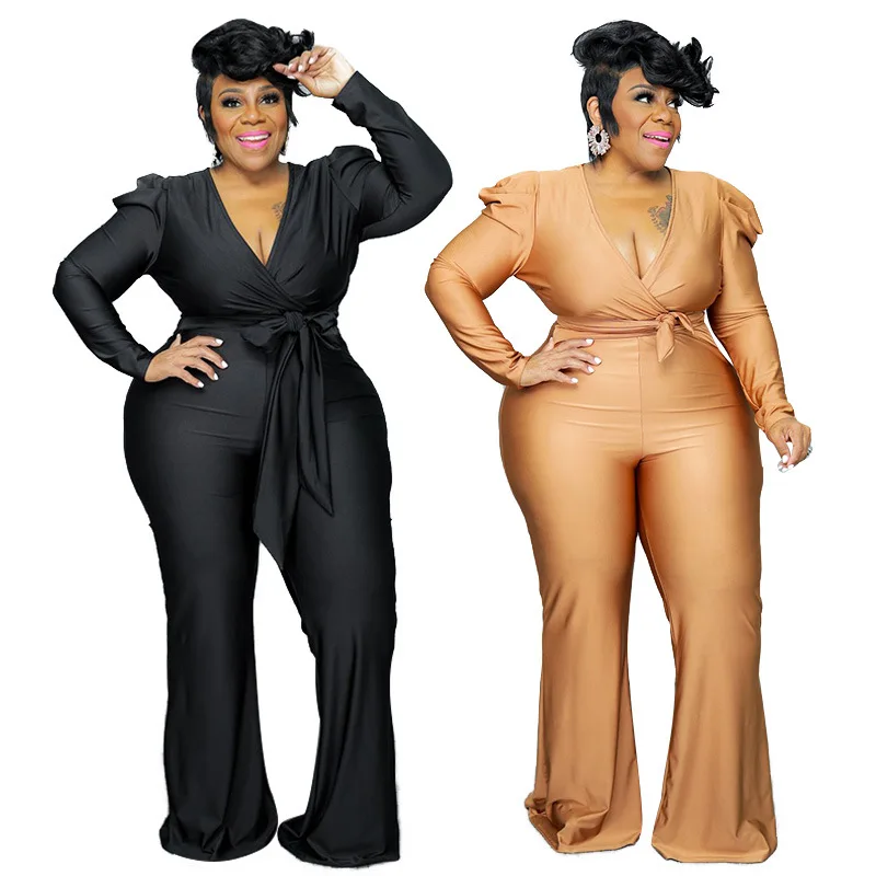 

Plus Size Elegant Jumpsuits for Women Deep V Neck Stretchy Rompers Long Sleeves Party Club Outfits 4XL 2022 New Arrivals
