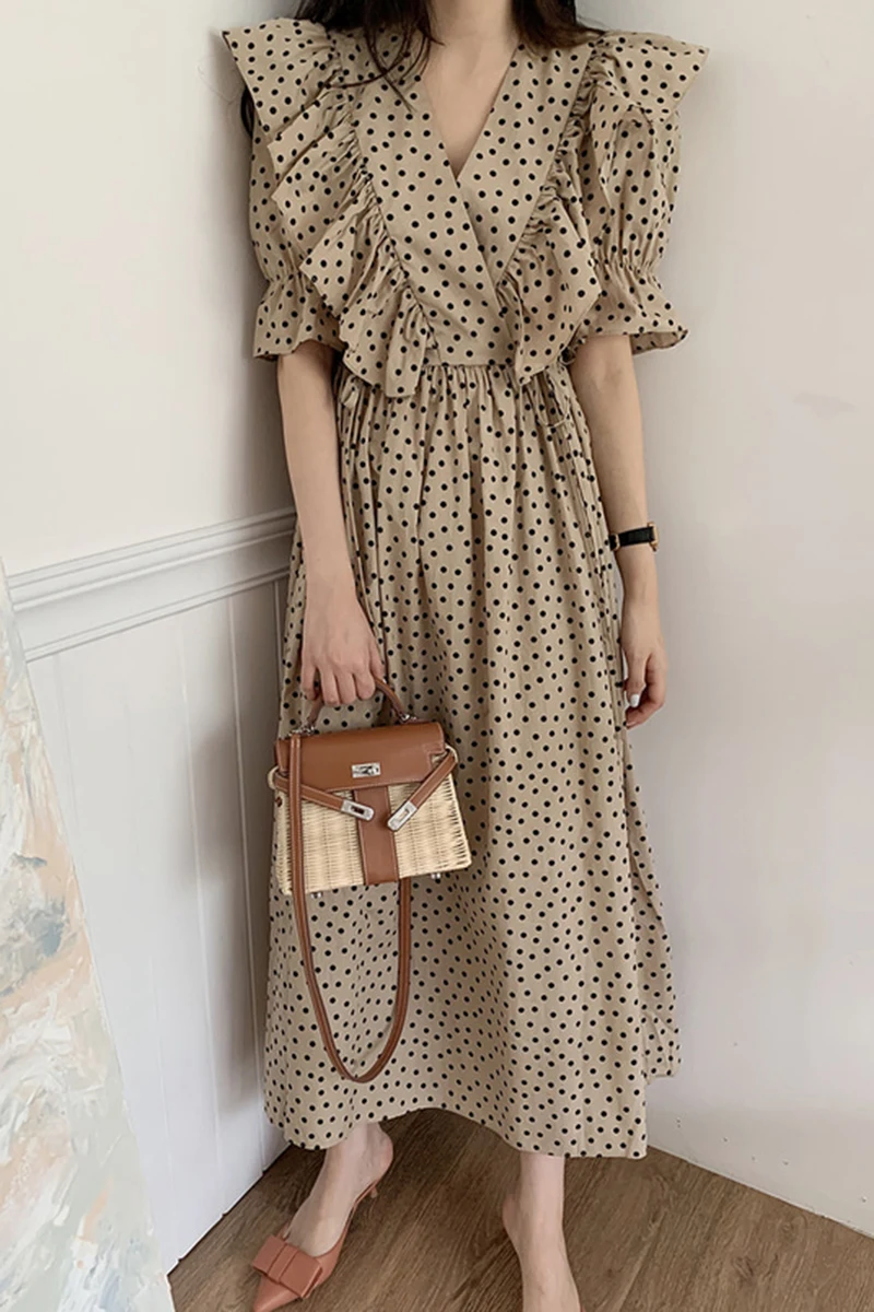 

Retro palace style v-neck cross ruffled long Dress New high waist big swing chiffon polka dot Dress High quality fashion Dress