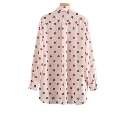 Женская милая рубашка с принтом в розовое горошек длинными рукавами необычным