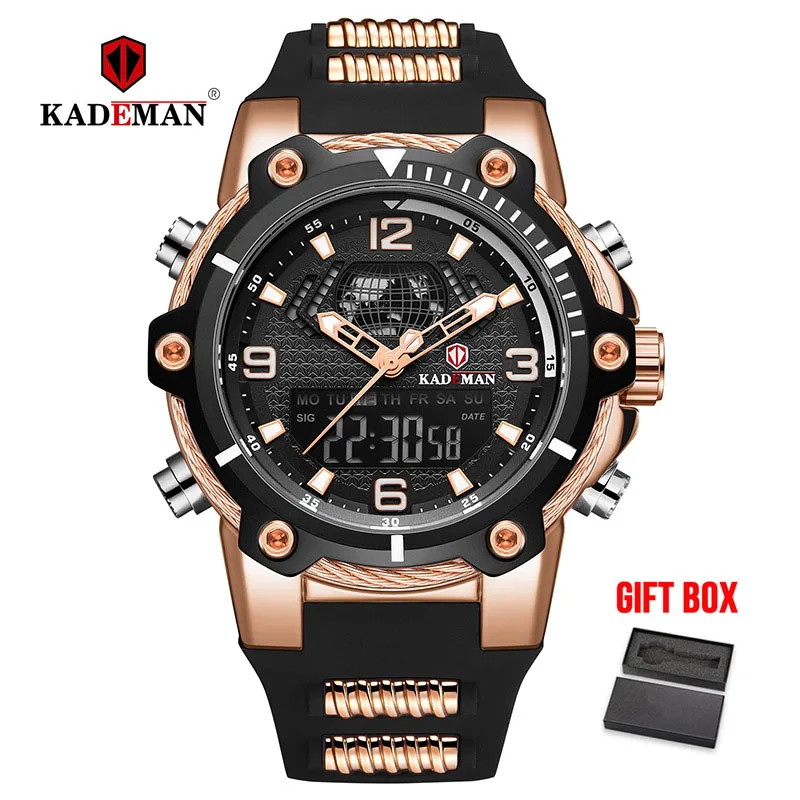 rose gold black KADEMAN мужские часы водонепроницаемые военные спортивные цифровые часы модные брендовые мужские резиновые кварцевые наручные часы Relogio Masculino - Цвет: rose gold black