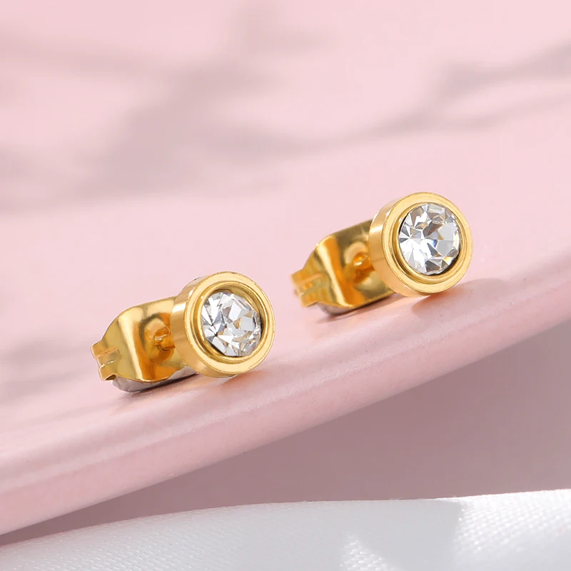

ICFTZWE Zircon Crystal Round Small Stud Earrings Stainless Steel Female Earrings For Women Minimalist Jewelry Ear Lovely Tiny