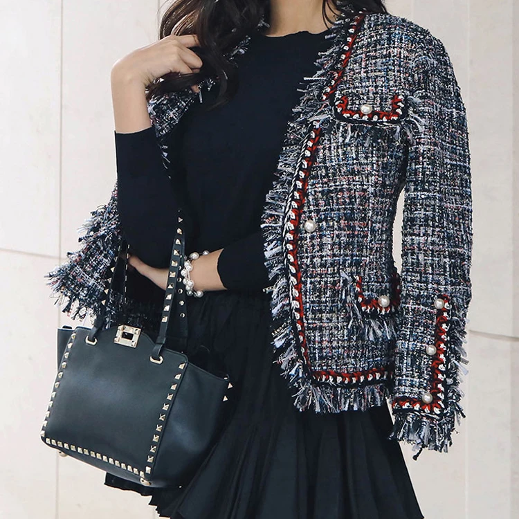 Модная подиумная твидовая куртка пальто 2019 осень зима Женская отделка бахромой