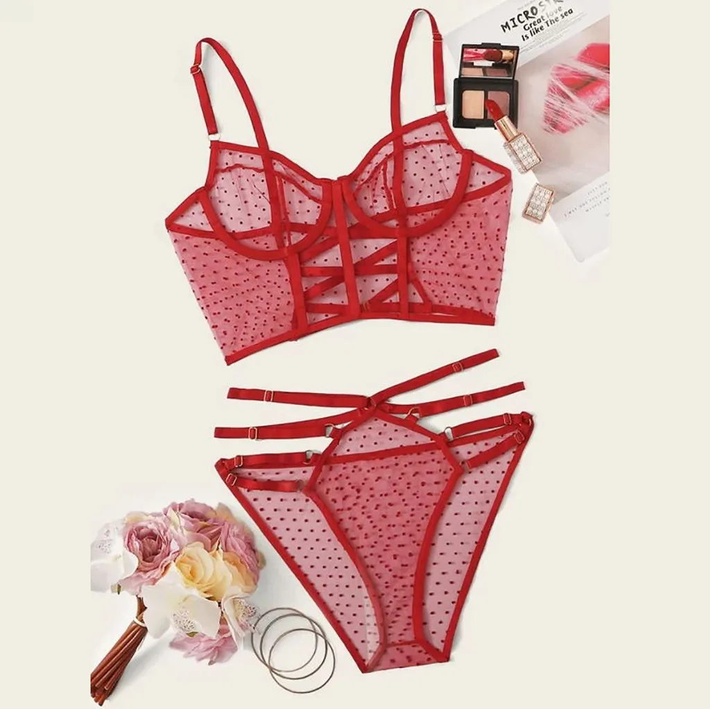 

2020 Women Sexy Lingerie Red Dot Corset Lace Underwire Racy Muslin Sleepwear Underwear Tops+Briefs Lingerie Sets Lenceria