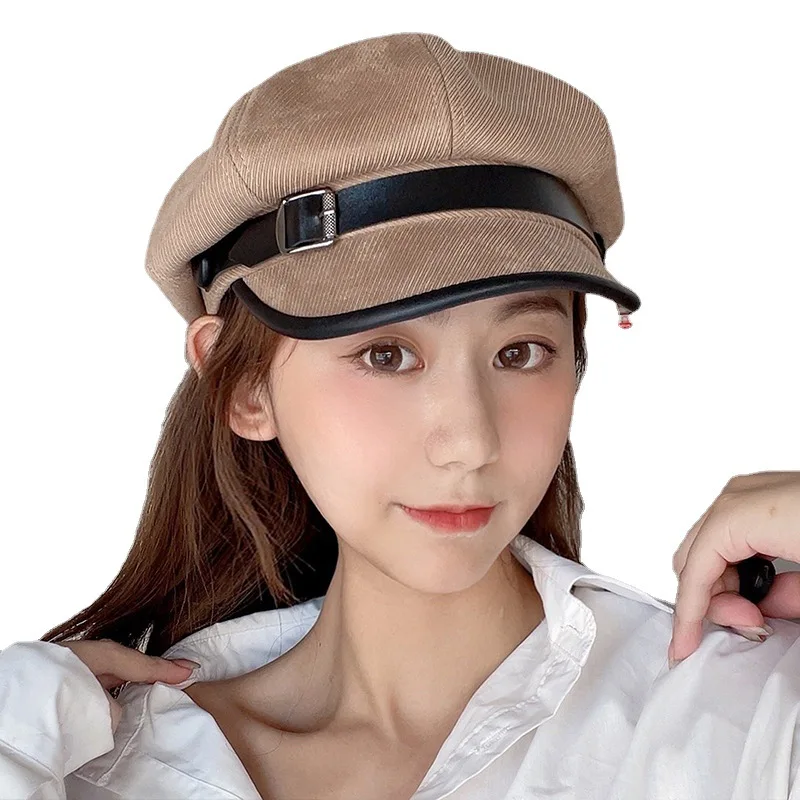

Sparsil New Female Leather Buckle Octagonal Hat British Literary Newsboy Caps Fashion All-match Vintage Trendy Hats for Women