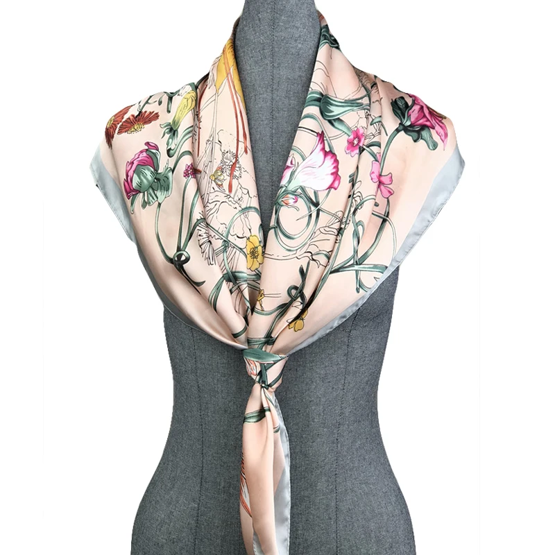 Шарф женский квадратный шелковый с цветочным принтом 90x90 см| |