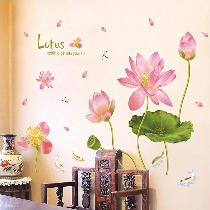 Романтические настенные Стикеры с розовыми цветами лотоса прудом рыбками