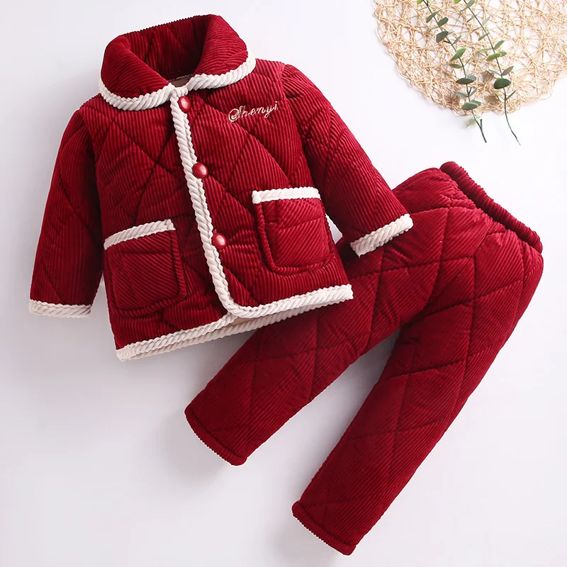 

Girl Boys Pajamas Suits Tops+ Pants 2Pcs/Sets 2021 Blue Winter Autumn Thicken Plus Velvet Cotton Fleece Homewear Sleepwear Child
