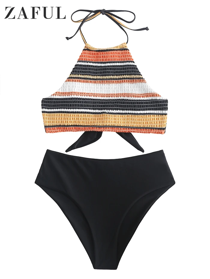 

ZAFUL Striped Halter Smocked Tankini Swimsuit Shirred Bikinis Set Colored Mix And Match High-Waisted Shoulder Strap Suit Beach
