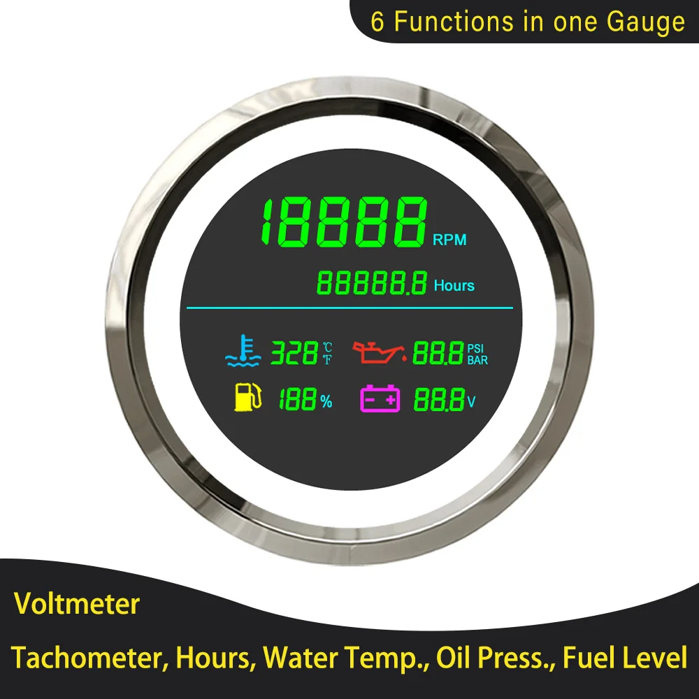 Тахометр 6 в 1 водонепроницаемый 85 мм ЖК-дисплей 0-19999 ОБ/мин