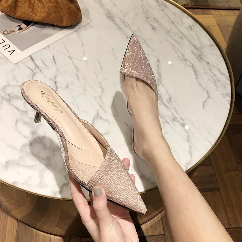 Шлепанцы женские на высоком каблуке пикантные сандалии сланцы модная обувь для