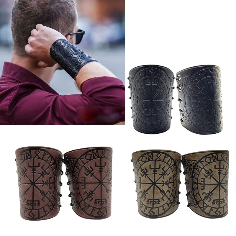 

1 Pair Nordic Viking Vegvisir Embossed Arm Bracers Medieval PU Leather Arm Guards Viking Leather Bracers Cosplay Jewelry