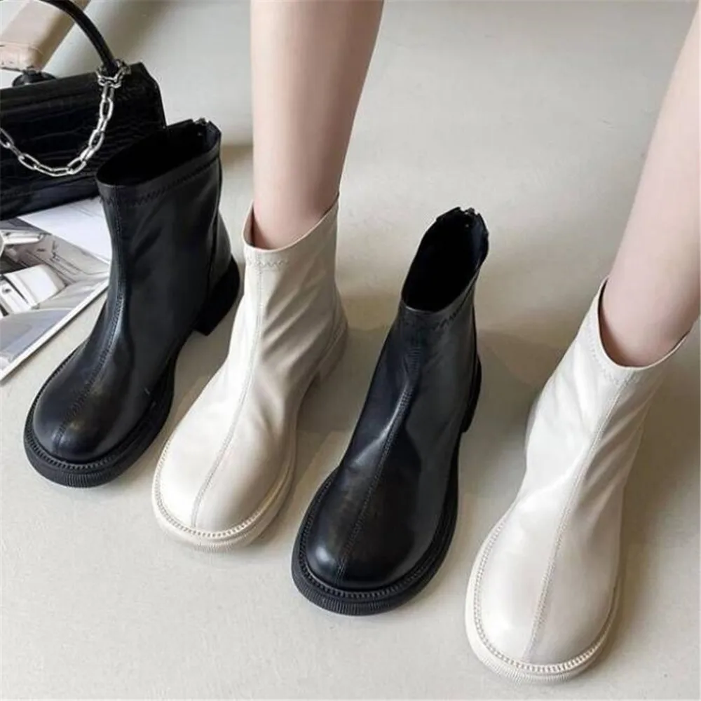 

New Chelsea Booties Autumn Women Round Toe Ankle Boots Fashion Low Heel Shoe Ladies Platform Back Zip Sneakers Beige Black 35-40