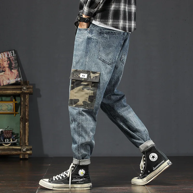 Fall/Winter Men's Loose Tide Brand Blue Jeans Casual Hip-hop Style Plus Size Fashion Tooling Camouflage Harem Jeans Trousers