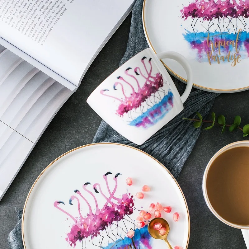 

Flamingo Creative Bone China Breakfast Plate Steak Plate Tableware Mug Cup Milk Glass
