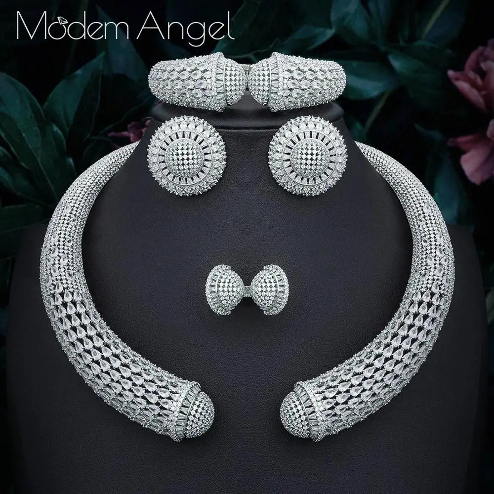 white ModemAngel известный бренд диск Роскошные нигерийские Свадебные невесты кубического циркония ожерелье Дубай 4 шт. комплект ювелирных изделий - Окраска металла: white