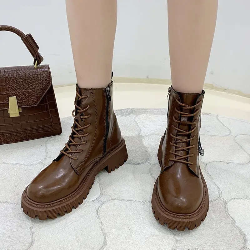 

Women Short Boots Boots Ankle Lace-Up Square Heel Winter Warm Black Brown Thick Sole Platform Chunky Female Boots
