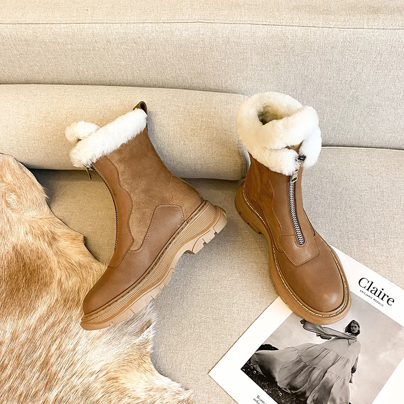 

Genuine Leather Women Snow Boots Winter Platform Shoes Ankle Boots For Women Non-Slip Keep Warm Wool Women's Sneakers