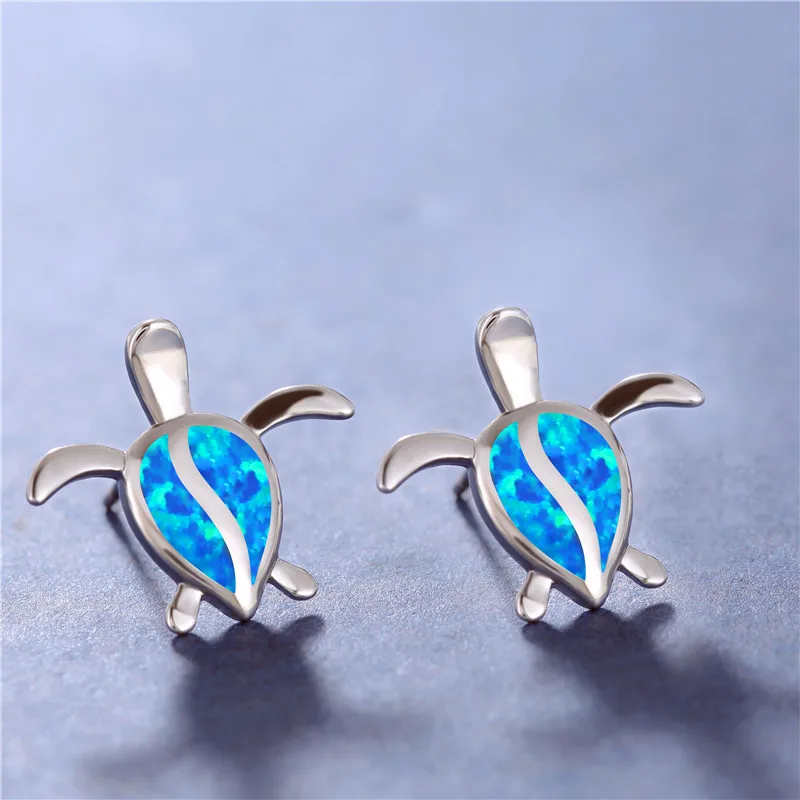 Cute Female Small Turtle Animal Stud Earrings Rose Gold Color Wedding Elegant White Blue Opal For Women | Украшения и аксессуары