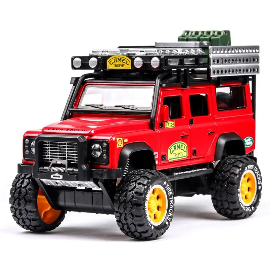 

1:28 scale ORV diecast car camel 1990 Land Defender Rover metal model with light sound pull back vehicle alloy toys for gifts