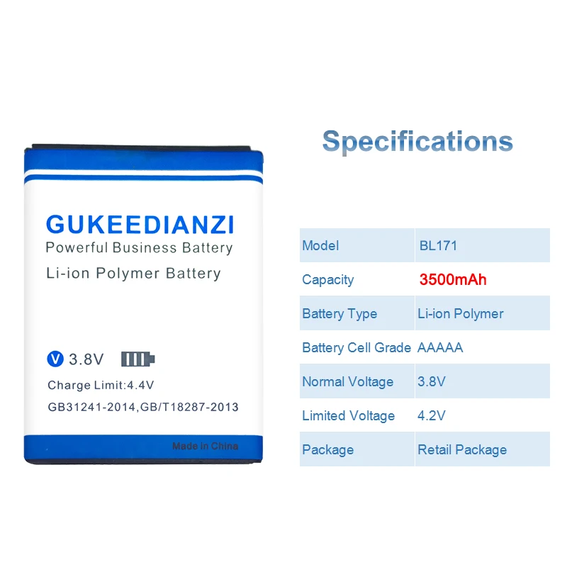 GUKEEDIANZI BL171 3500 мА/ч, литий-ионный полимерный аккумулятор Батарея для lenovo A319 A356 A368 A370e A376 A60 A65 A500 A390 A390T A370E A375E A50