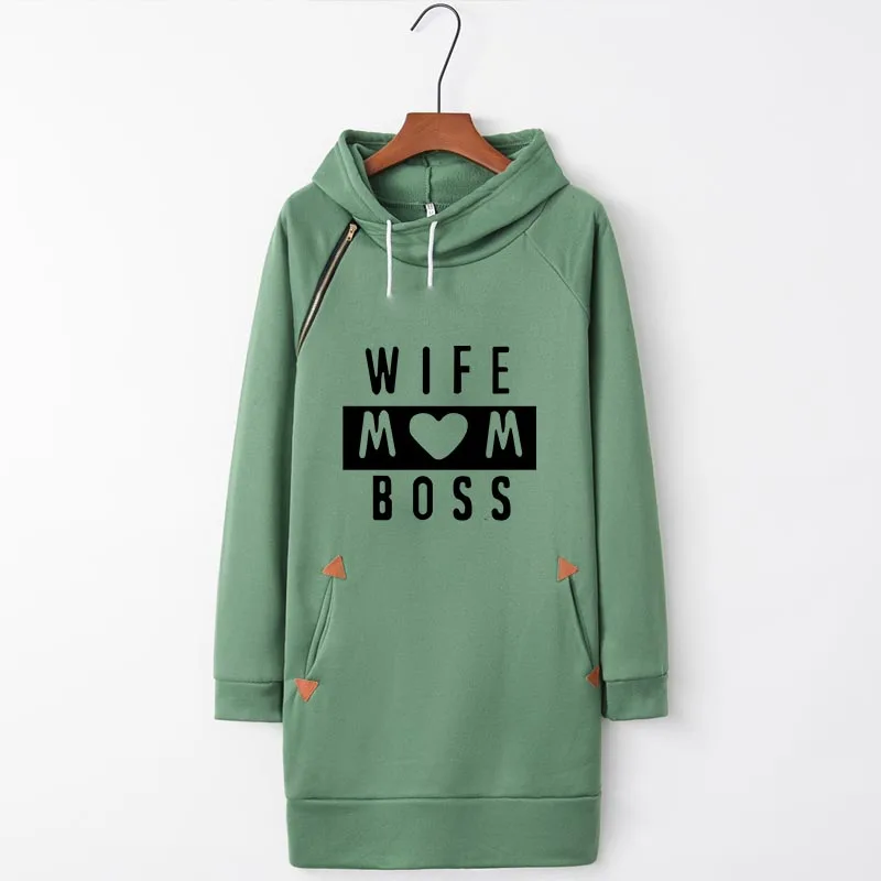 WIFE MOM BOSS Printed Thicken Funny Loose Kawaii Cartoon 2019 Autumn Women Fashion Hoodies Long Sweatshirt Dresses Pullover Top | Женская