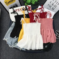 rings diary small fresh pleated tube top solid color camisole top women bow knot lace up chiffon shirt woman clothes