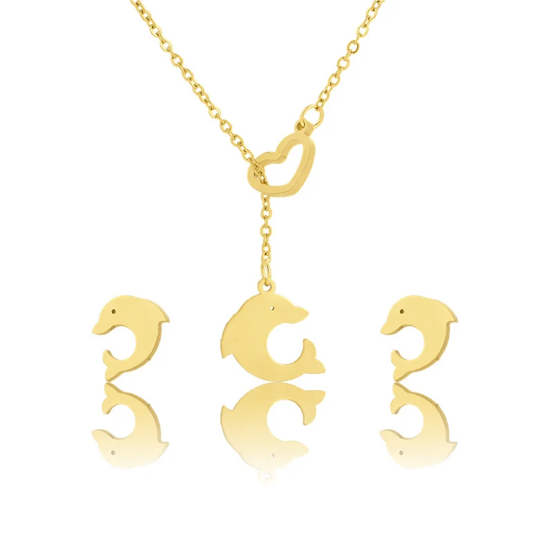 

Stainless Steel Dolphin Jewelry Sets Hollow Heart Shape Earrings Pendants Necklace Hip-hop All-match Fashion Accessories Gifts