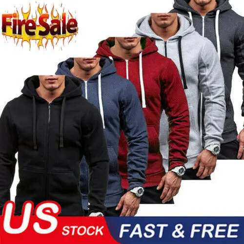 2019 Модные мужские толстовки Осень Зима теплые однотонные топы на молнии с