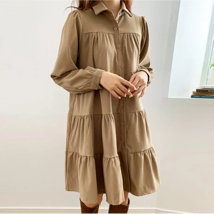 

Women's Spring And Autumn Loose Long Sleeve Shirt Medium Long Ruffle Dress