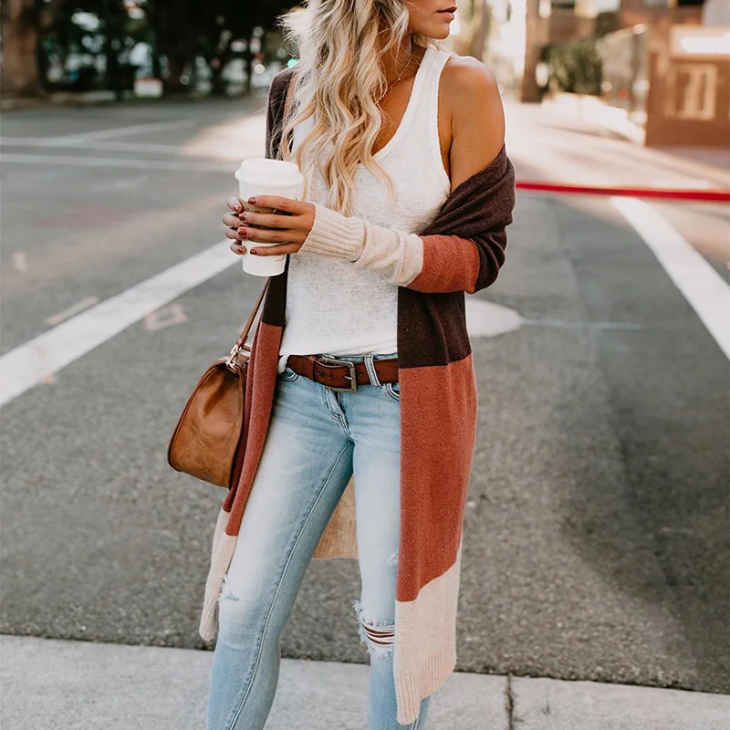 Women Casual Cardigan Autumn Long Sleeve Knitted Sweaters Colorblock Winter Jumper Open Front Loose |