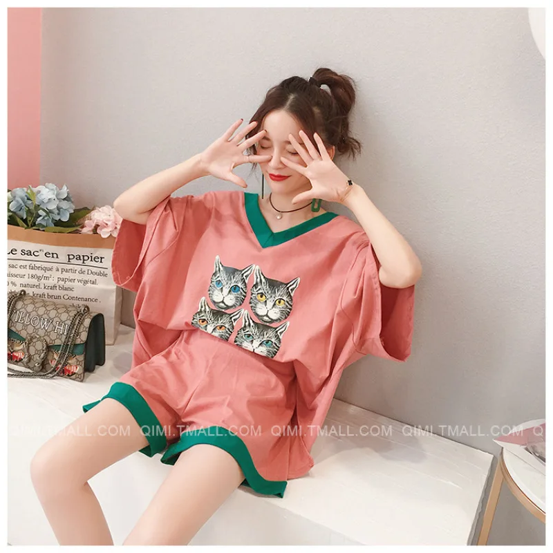 

Women Two-Piece Plus Size Sports Suit Fashion Sexy V-Neck Younger Suits 3D Cute Cats Pattern Loose Sport Set Run Tennis Clothes