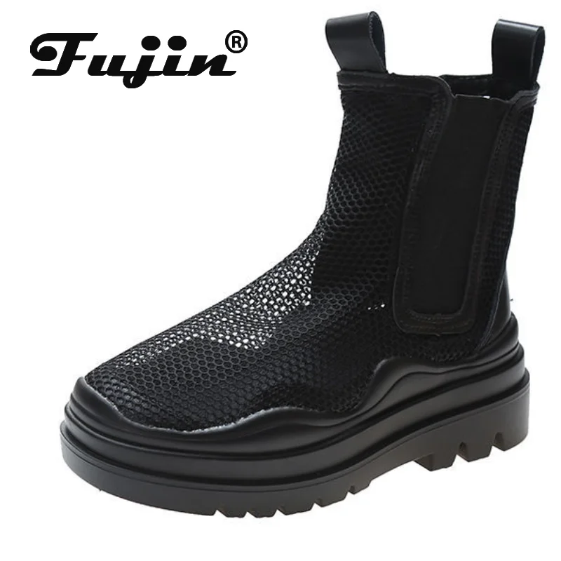 

Fujin Hollow Out Mesh Summer Ankle Boots 8cm for Women Breathable Zipper Lace Up Casual Shoes Woman Low Heels Short Booties