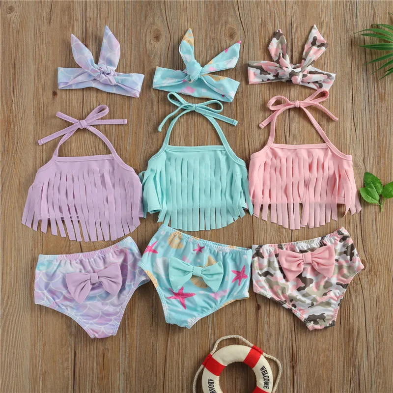 

Baby Girl Fast Dry Swimsuit Sling Sleeveless Halter Tassels Split Hem Tops Cartoon Printed Shorts Beach Swimming Clothes Summer