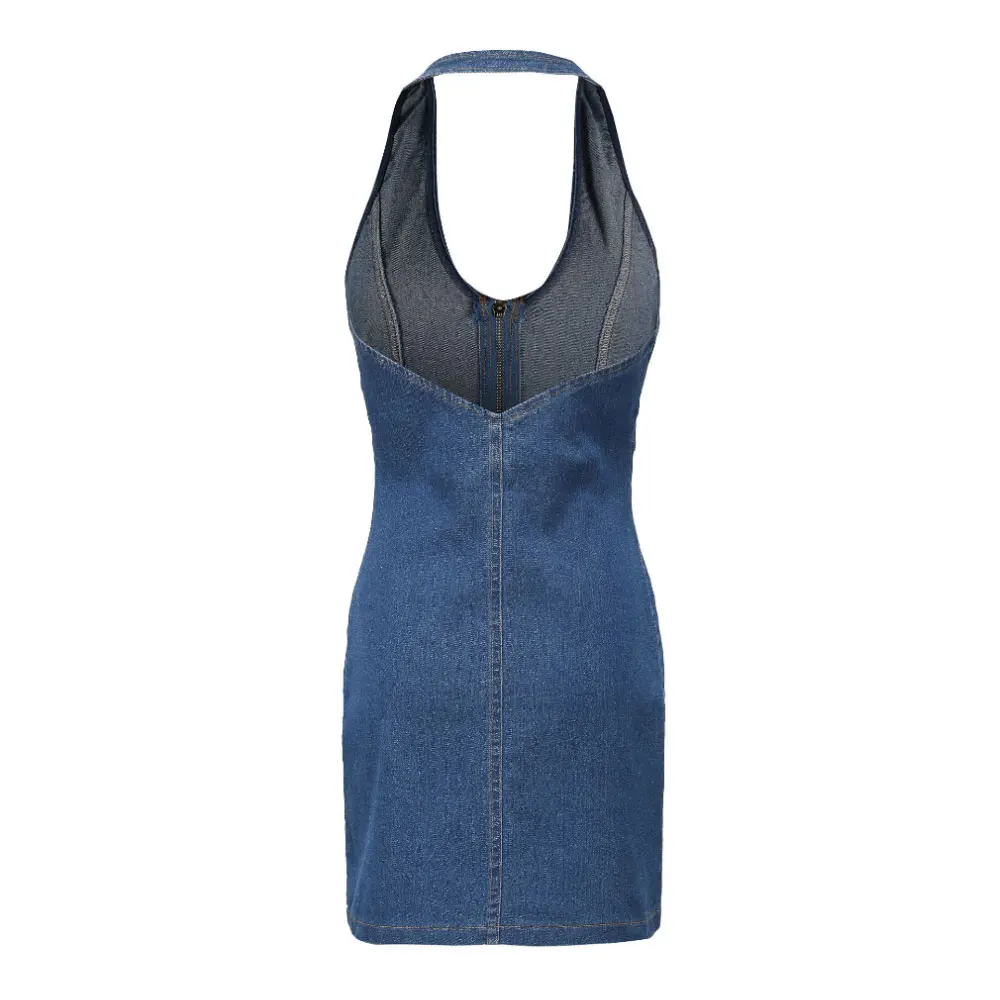 

ZOTTSOZ Halter Backless Mini Denim Dresses Women Fashion Sexy Slim Club Party Casual Jean Dress Summer 2021 Zipper Dress Female